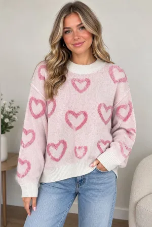 Women's Pink Heart Crewneck Sweater thumbnail 1