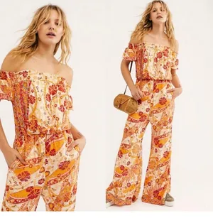 NWT Free People Carmen Jumpsuit Off Shoulder Floral Wide Leg Size Small Bohemian thumbnail 2