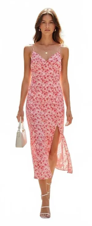 CIDER Women's Small Floral Spaghetti Strap V Neck Side Slit Midi Slip Dress thumbnail 1