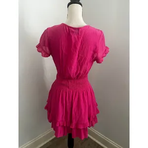 Hello Molly Pink Tiered Ruffle Mini Dress Small Tie Front Smocked Boho Romantic thumbnail 5