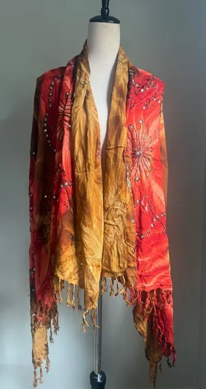 Boho Tie Dye Floral Embroidered Sequin Fringe Shawl Scarf brown red whimsigoth y thumbnail 1