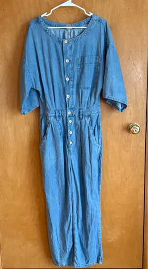 Free People Denim Jumpsuit Womens Small Blue Button Front Short Sleeve‎ Boho thumbnail 1