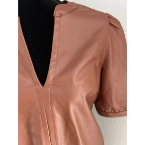 Steve Madden Cognac Brown Faux Leather V-Neck Puff Sleeve Mini Dress Size Medium thumbnail 3