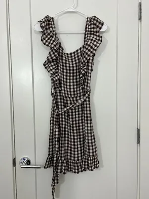 New Topshop Size 10 Brown Gingham Ruffle Sleeve Sash Dress NWT thumbnail 4