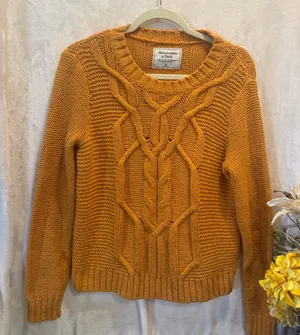 Abercrombie & Fitch Cable Knit Sweater Gold Orange Crewneck size M Women thumbnail 1