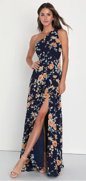 Lulus Elegant Admiration Navy Blue Floral One-Shoulder Maxi Dress thumbnail 1