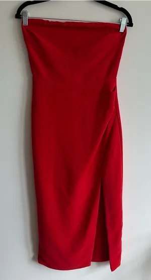 Vici Red Strapless Midi Dress with Side Slit thumbnail 1