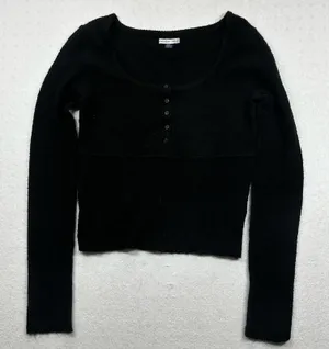 American Eagle Black Fuzzy Knit Cropped Henley Sweater Women’s Medium thumbnail 1