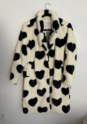 Stoosh by 21 International black & white heart faux fur long coat NWT size M thumbnail 1
