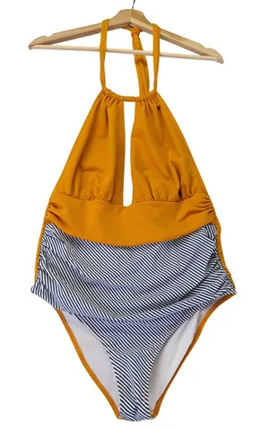 Cupshe Mustard Yellow Striped Halter One Piece Swimsuit XL AB31084M‎ NEW thumbnail 1