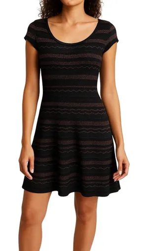 Peruvian Connection Black Gold Metallic Zig Zag Knit Cap Sleeve Mini Dress Small thumbnail 1