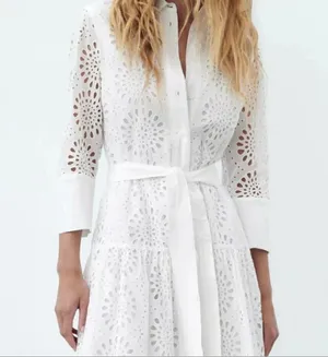 ZARA white lace long sleeve maxi dress with waist belt boho summer vacation thumbnail 14