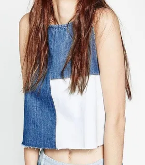 ZARA Patchwork 2-Tone Denim Raw Hem Tank Top Blue White Size Small 5575/012/400 thumbnail 2