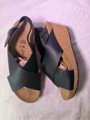 Papillio Black Leather Cork Wedge Sandals Size 8 thumbnail 6