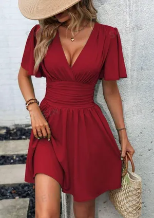 SheIn Clasi Plunging Neck Butterfly Sleeve Ruched Waist Dress thumbnail 9