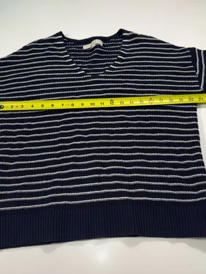 LOFT 100% Cotton Navy and White Striped V-Neck Pullover thumbnail 4