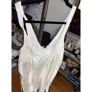 Linea Donatella white satin nightgown a delicate lace neckline women's Large nwt thumbnail 2