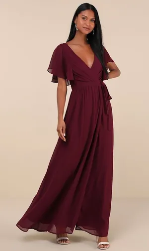 NWT Lulus Convincing Grace Burgundy Flutter Sleeve Wrap Maxi Dress Wedding Sz XL thumbnail 1