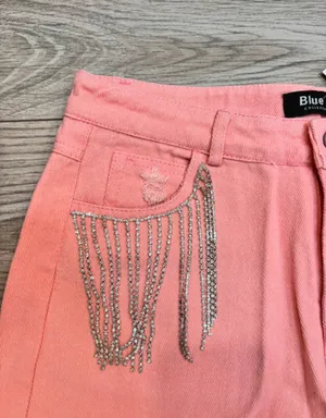 Blue B Pink Rhinestone Fringe Distressed Denim Shorts Size M NWT thumbnail 3