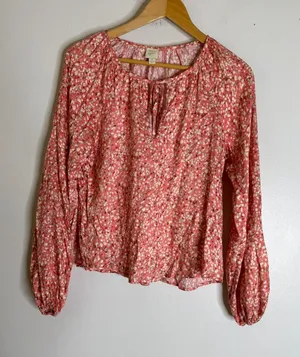 ROAN‎ + RYAN Asher Salmon Pink Abstract Polka Dot Peasant Blouse Top Size XS CP thumbnail 1
