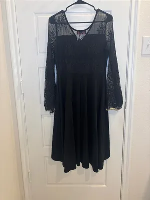 Scarlet Darkness Black Gothic Lace Bell Sleeve High Low Midi Dress M thumbnail 4