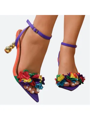 Rainbow 3D Flower Pointed Toe Floral Ankle Strap Heel Sandals Purple Size 39 thumbnail 4
