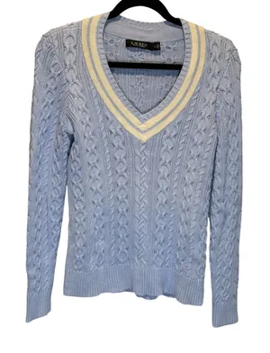 Lauren Ralph Lauren Baby Blue V-Neck Cable Knit Sweater - size Medium thumbnail 1