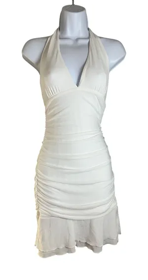 MIYIEONE Women White Ruched Halter Neck Mini Bodycon Dress Ruffle Hem Size S thumbnail 1