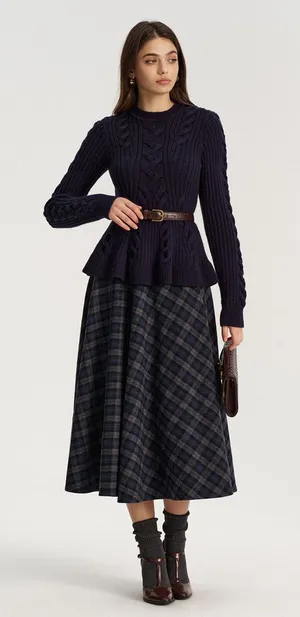 CoMMENSE Plaid Tweed Midi Skirt SPU: OA250929034 COLOR - Navy, Size Medium NWT thumbnail 1