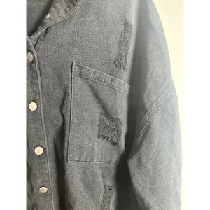 POL Washed Black‎ Distressed Denim Shacket Star Patch Frayed Hem SMT1165D Size M thumbnail 5
