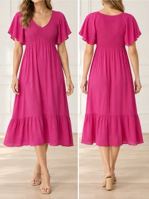 Bohme Saltwater Smocked Midi Dress Large Fuchsia Pink Flutter Sleeve Boho thumbnail 12