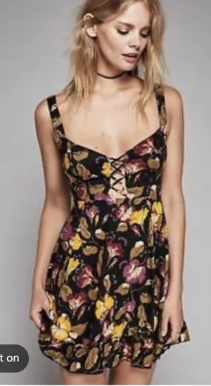 Free People Black Floral Mini Slip Dress Womens M Lattice Lovers Boho Casual thumbnail 1