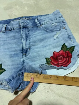 American Eagle Outfitters Blue Denim hi-rise shortie Red Rose Embroidery 14 thumbnail 7