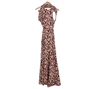 Shein Leopard Print Halter Maxi Dress Brown Tan Open Back Sleeveless Medium thumbnail 2
