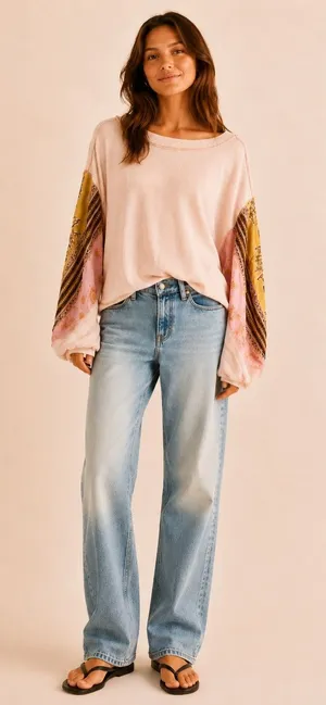 We the Free Blossom pale peachy pink thermal with patterned balloon sleeves. XS thumbnail 1