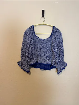 Free People Brittnee Print Smocked‎ Peplum Crop Top Blue Combo Size Small thumbnail 8