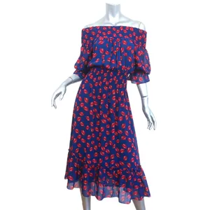 MISA Off Shoulder Midi Dress Blue Red Floral Boho Romantic Cottagecore Flowy‎ MD thumbnail 2