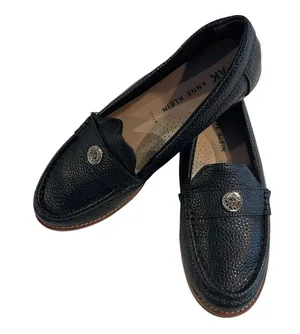 Anne Klein Iflex Loafers Women 8.5 Black Pebble Leather Gold Medallion Slip On thumbnail 1