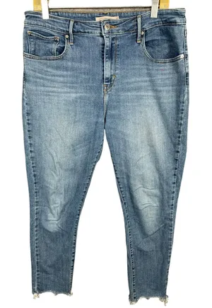 Women's LEVI'S 721 High Rise Skinny Cropped Jeans Size 32 Zip Blue Fringe‎ thumbnail 1
