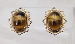 Vintage Clip On Earrings Tigers Eye with Ornate Halo Brown & Gold Tone Earrings thumbnail 1
