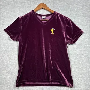 Vtg Tweety Bird Velvet T-Shirt Tee Sz L‎ Warner Bros Womens Purple thumbnail 1