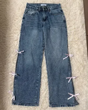 Rise Supply Co Bow Jeans Size 0 Wide Leg Pink Ribbon Side Slit thumbnail 1
