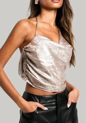 Boohoo Shimmery Cowl Neck Crop Top thumbnail 1