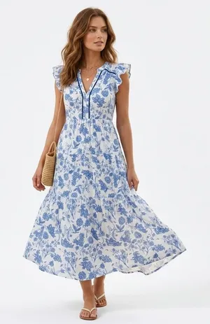 Umgee Blue White Floral Tiered Maxi Dress XL Ruffle Sleeve V-Neck Boho thumbnail 1