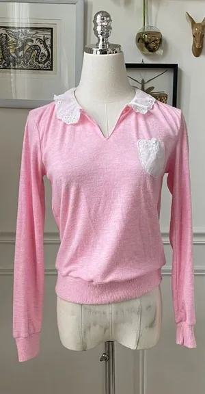 Vintage 70s Pink Top White Eyelet Lace Peter Pan Collar XS thumbnail 1