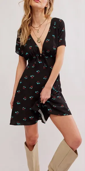 Free People Everyones Favorite Mini Dress‎ Small Black Floral V Neck Bow Zip NWT thumbnail 1
