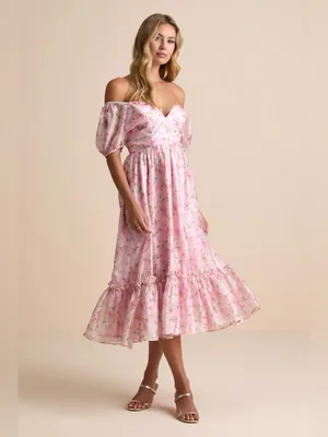 Lulus Sincerely Wondrous Pink Floral Puff Sleeve Tiered Midi Dress Size XL NWT thumbnail 3