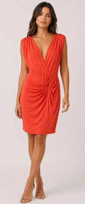 Forever 21 Coral Ruched Mini Dress Deep V Neck Sleeveless Cocktail Party thumbnail 1