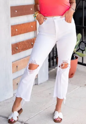 Risen Denim White Distressed Cropped Straight Leg Stretch Jeans Size 15/32 NWT thumbnail 1