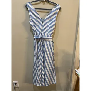 Kate‎ Spade Deck Blue White Stripe Linen Blend V Neck Midi Dress Size 6 Belted! thumbnail 5